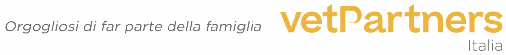 Il testo in italiano recita: "Orgogliosi di far parte della famiglia vetPartners Italia. Lavora con noi" in lettere grigie e oro su sfondo bianco.