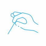 AGOPUNTURA Un semplice disegno a linee blu di una mano che tiene un ago con filo, come se si stesse preparando a cucire, su uno sfondo chiaro.