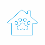 DEGENZA Una semplice sagoma blu di una casa con una grande impronta di zampa al centro, che simboleggia una casa o un rifugio per animali, su uno sfondo grigio chiaro.