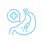 ENDOSCOPIA Disegno a linee blu di uno stomaco con una capsula all'interno, che emette linee che suggeriscono attività, e una bolla vocale contenente una croce medica, che simboleggia un trattamento medico o una capsula endoscopica.