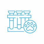 LABORATORIO ANALISI Icona di contorno blu di tre provette in uno scaffale con un simbolo di impronta di zampa davanti, che rappresenta test di laboratorio veterinari o animali.