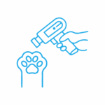 LASERTERAPIA Disegno al tratto blu di una mano che tiene un termometro puntato su una zampa di animale sollevata, a rappresentare il controllo della temperatura di un animale domestico.