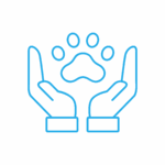 PRIMARY CARE Icona di contorno blu di due mani che stringono o tengono un'impronta di zampa grande, che simboleggia la cura, la protezione o il sostegno degli animali domestici, su sfondo bianco.