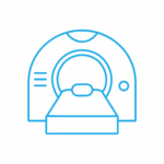 TC Disegno lineare di uno scanner medico per risonanza magnetica con un letto per il paziente, visto dal davanti. La macchina è rappresentata con semplici linee blu su sfondo bianco.